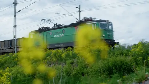 Tåg kör förbi en åker